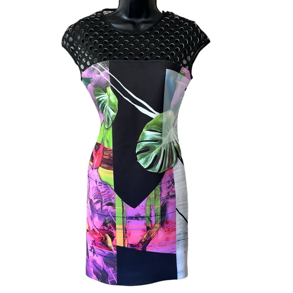 Clover Canyon Painted Garden Perforated Scuba Sheath Dress Floral Flowers